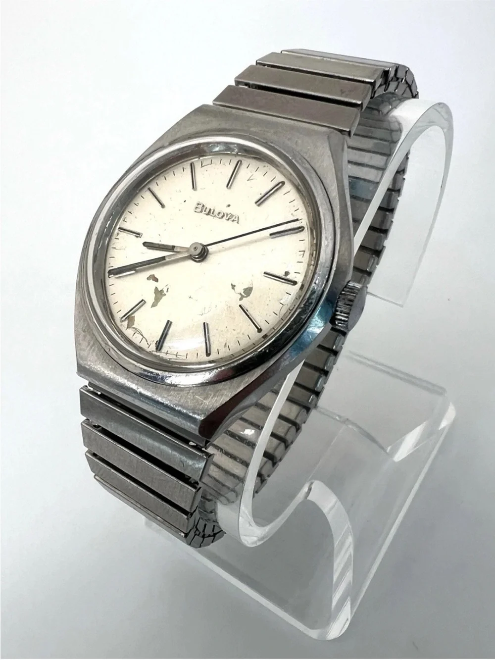 Vintage Bulova Mechanical Silver Stainless Steel Men's Watch - Silver Dial